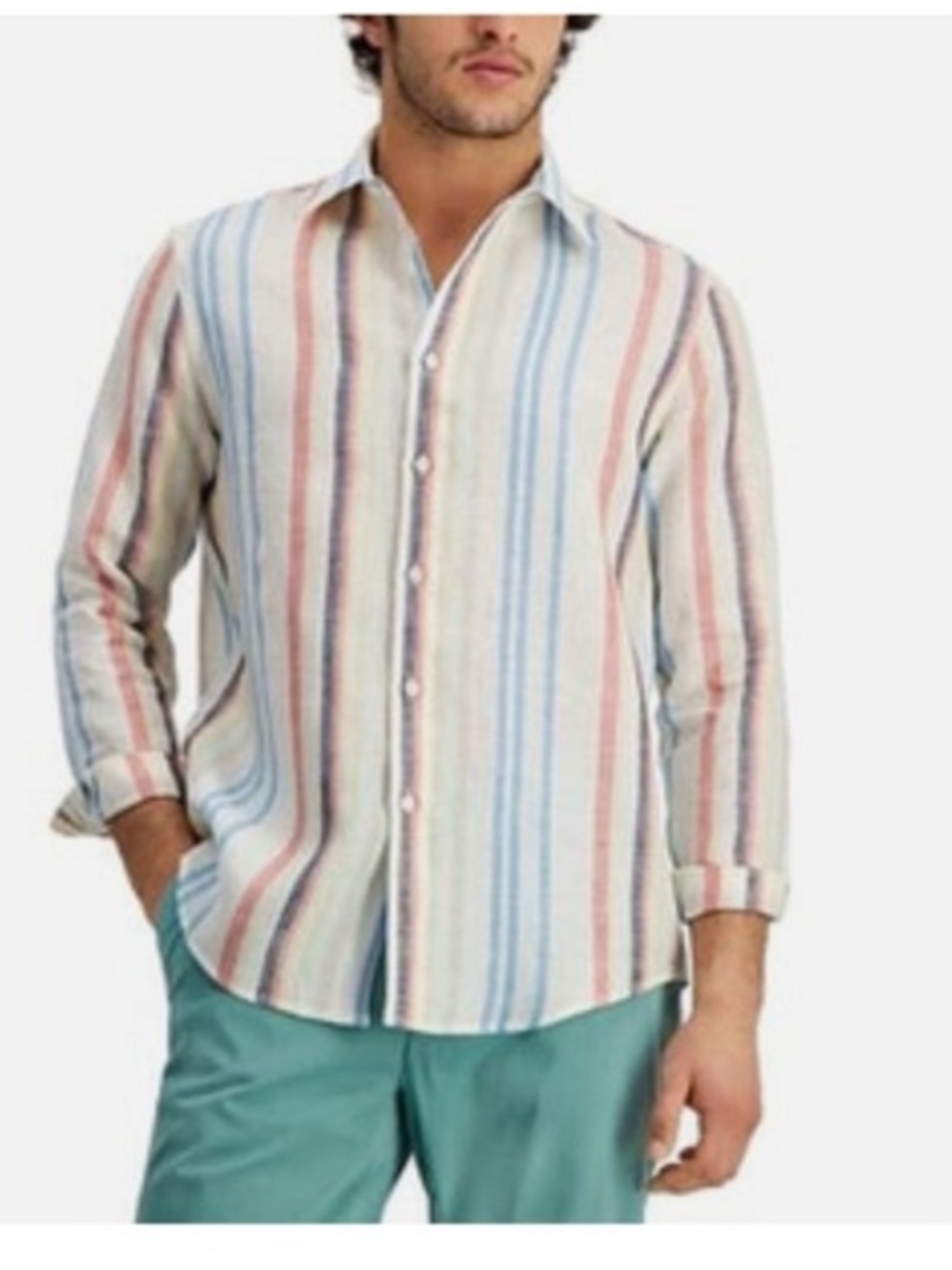 Club Room Men's Striped Linen Button-Down Shirt Multi NWOT large summer travel